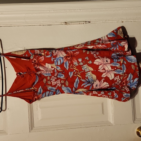 Women's, New Sz Large, Floral Woven Sexy Summer Sun Dress front Peekaboo, Tie Up - Picture 4 of 6